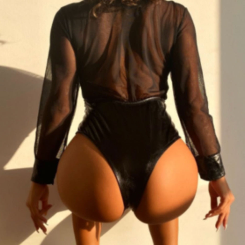 Transparan Lateks Deri Siyah Fantazi Bodysuit