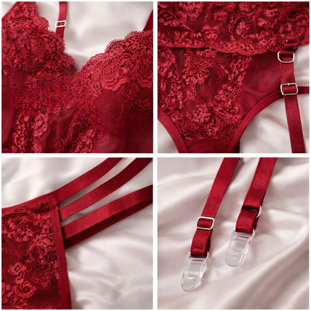 Bordo Transparan Dantelli Jartiyer Seti
