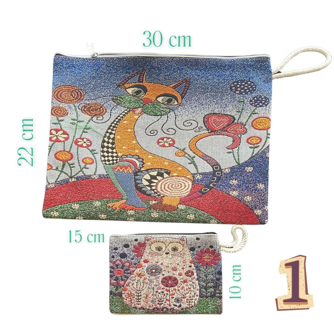 Art Cat Goblen Makyaj Çantası ve Cuzdan Seti