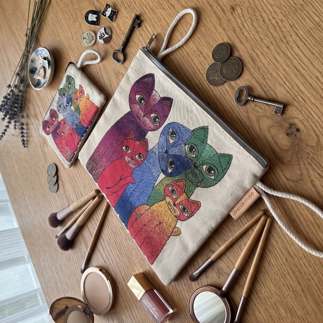 Art Cat Goblen Makyaj Çantası ve Cuzdan Seti