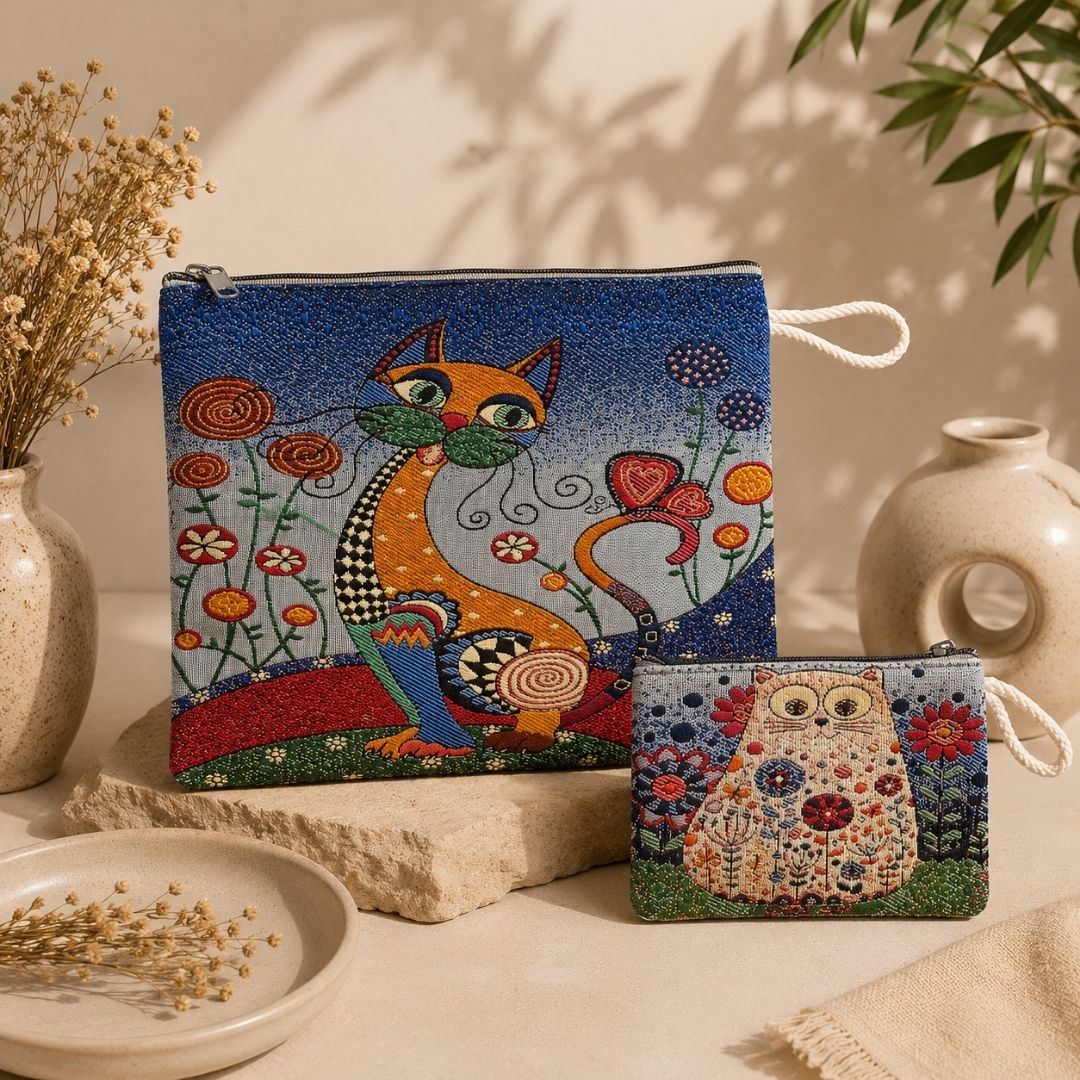 Art Cat Goblen Makyaj Çantası ve Cuzdan Seti
