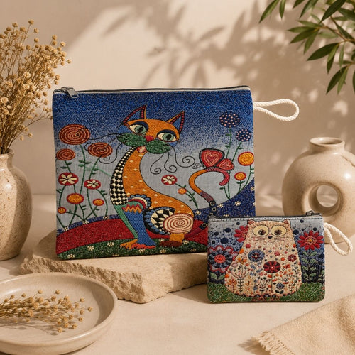 Art Cat Goblen Makyaj Çantası ve Cuzdan Seti