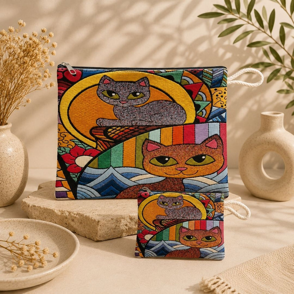 Art Cat Goblen Makyaj Çantası ve Cuzdan Seti