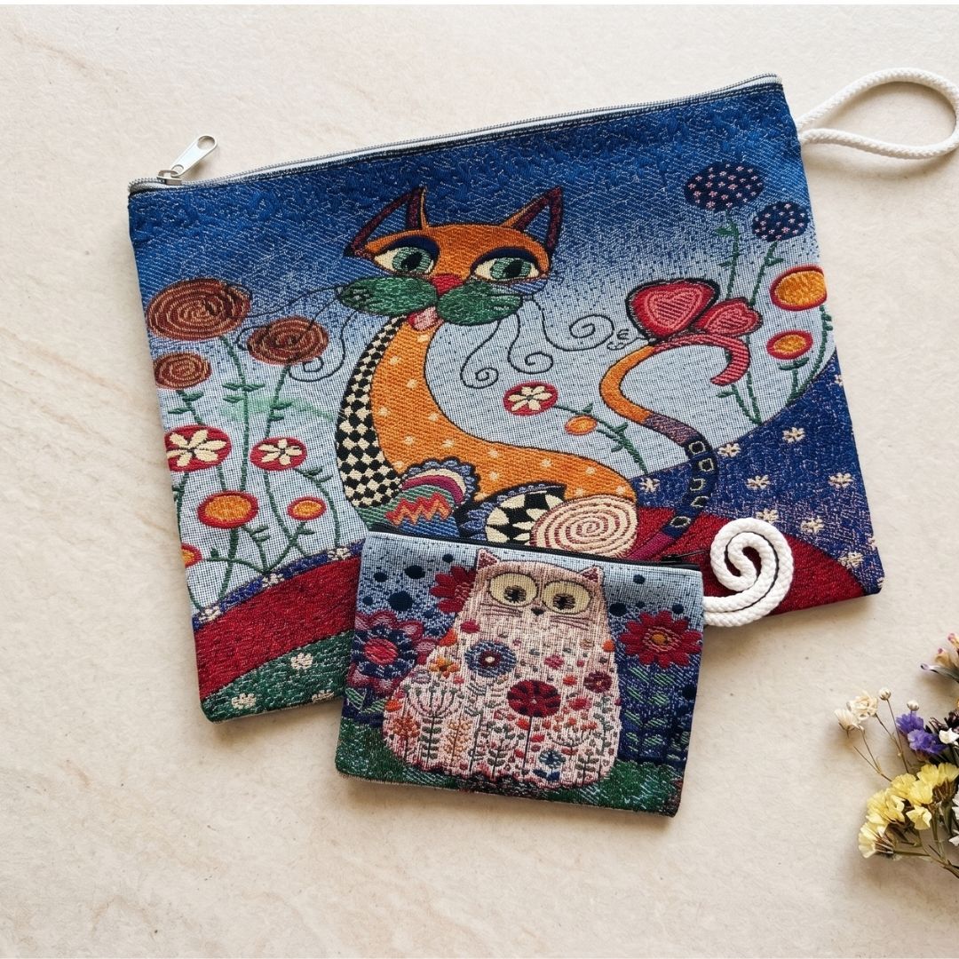 Art Cat Goblen Makyaj Çantası ve Cuzdan Seti