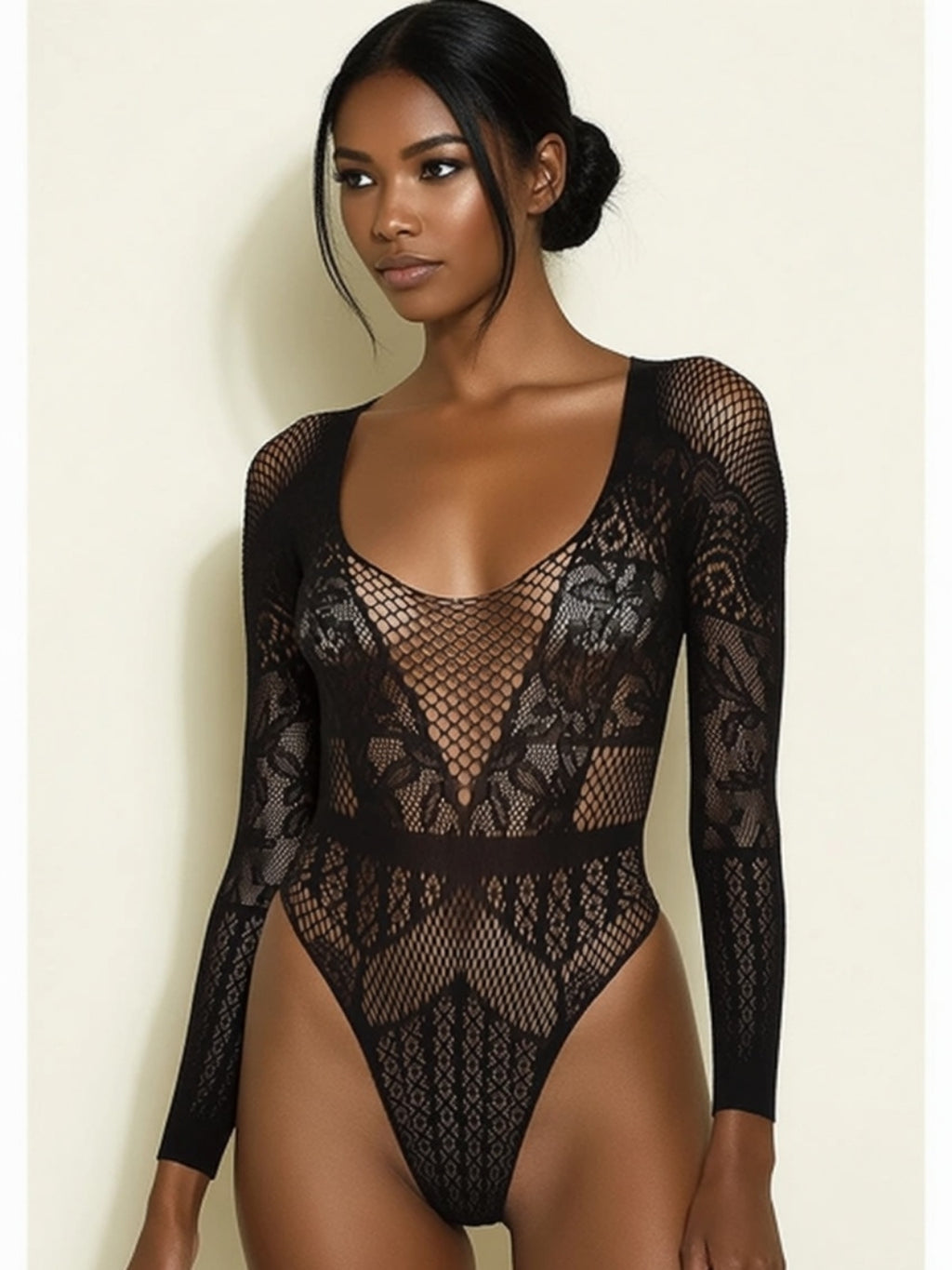 Noir Symphony - Hibrit Floral Dantel ve  Baklava Desen Bodysuit