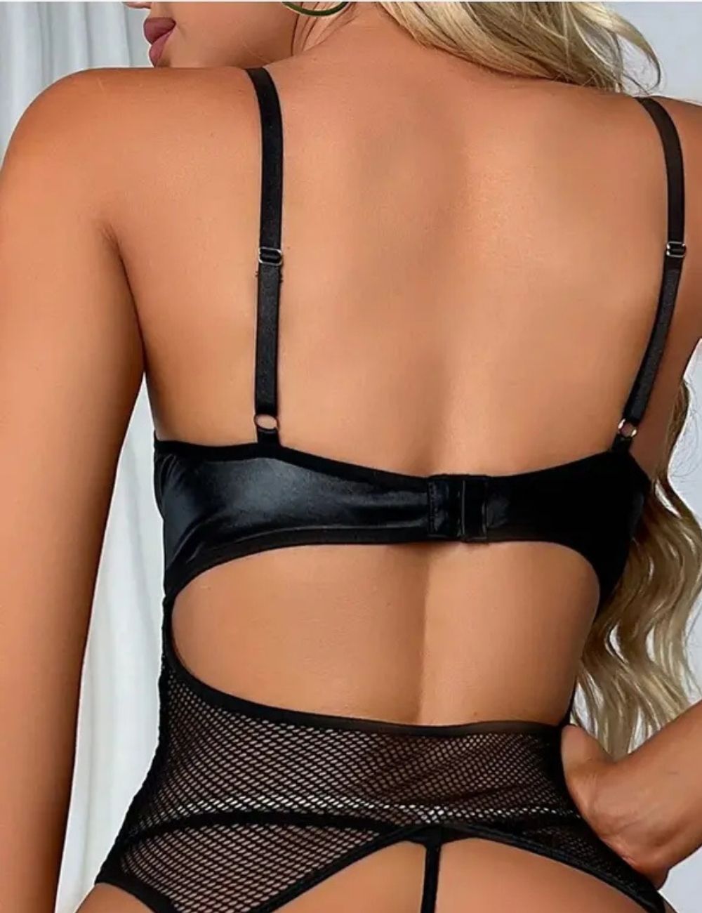 Siyah Deri & File Detay Halka Aksesuar Jartiyer String Set