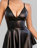 Siyah Suni Deri Mini Bralette Form Elbise