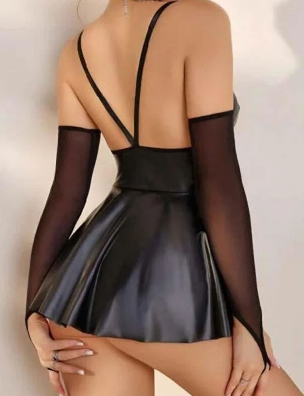 Siyah Suni Deri Mini Bralette Form Elbise