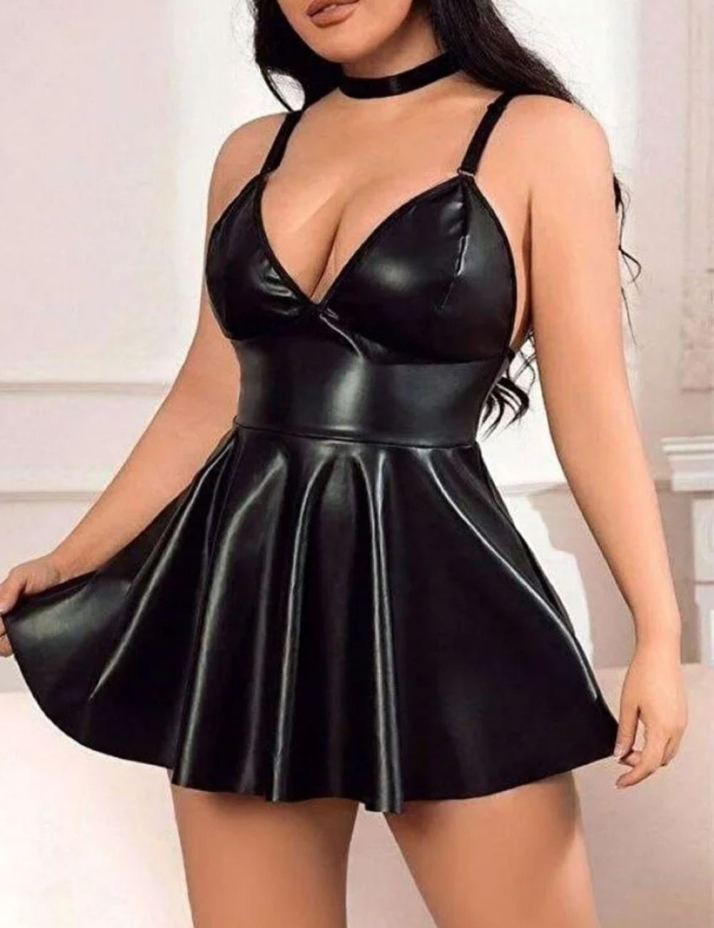 Siyah Suni Deri Mini Bralette Form Elbise
