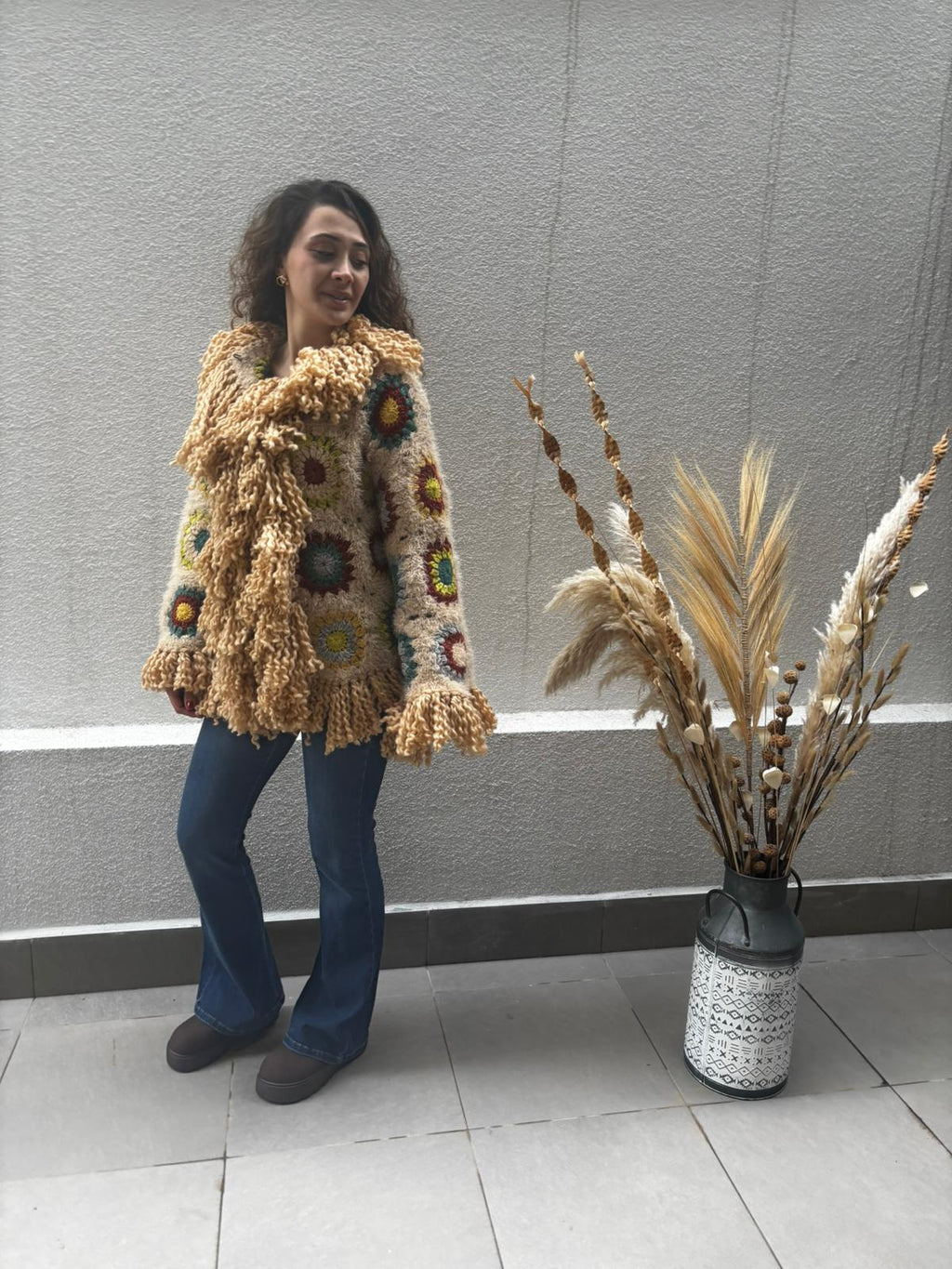Boho Kahve Renk Patchwork Ceket